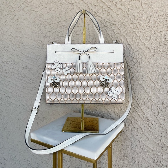 KATE SPADE White & Cream Honeycomb Beaded Bee Leather Crossbody Satchel Bag - Picture 11 of 13